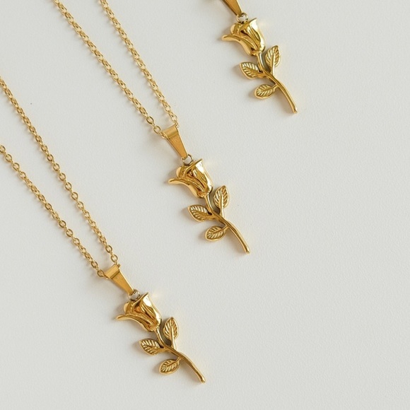 Rose Stem Necklace | 18K Gold Plated Stainless Steel Necklace Chain - Picture 2 of 4